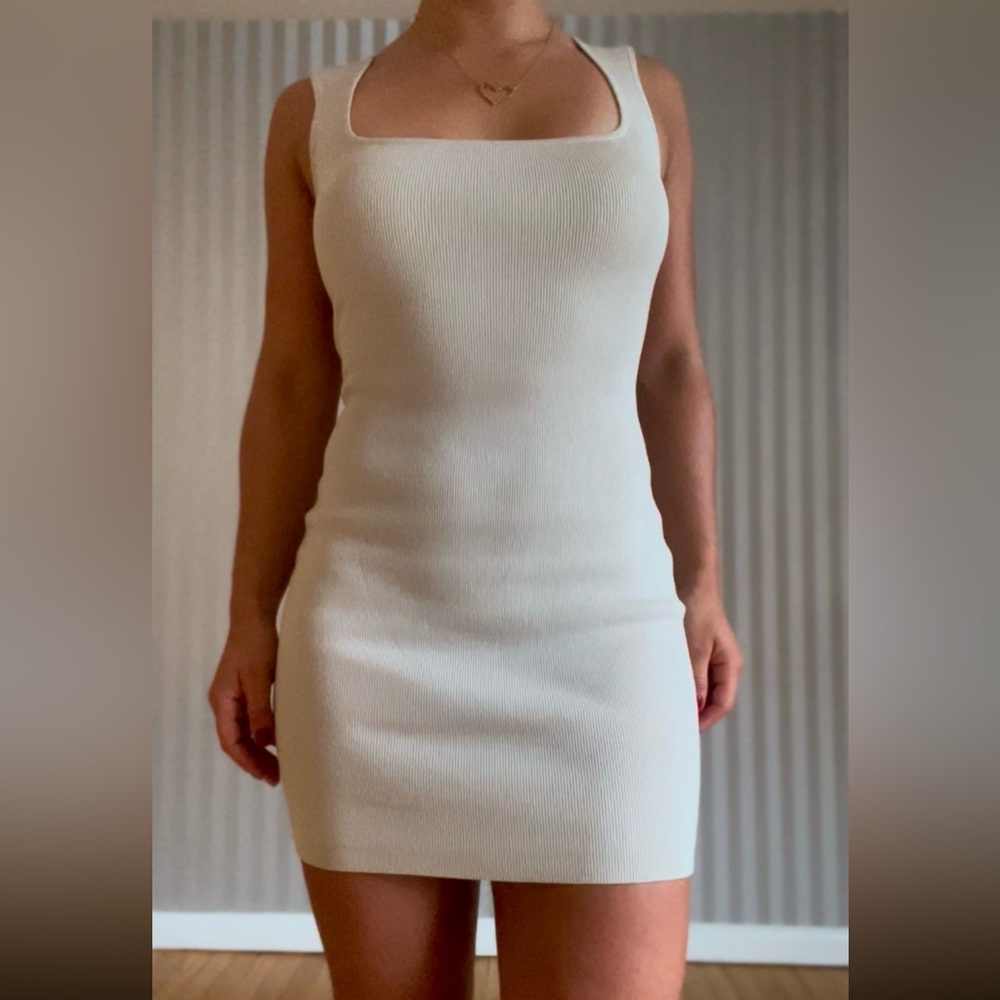 Nude Ribbed Mini Dress with Square Neckline